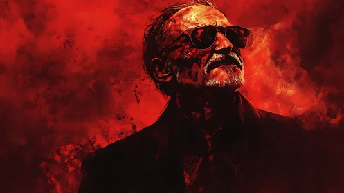 Older man in sunglasses against intense red backdrop.