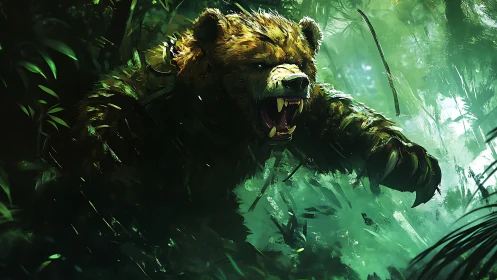 Ferocious forest bear lunges through glowing green jungle.