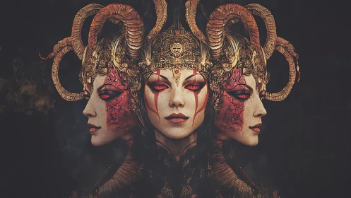 Three-faced demon queen braids gold and shadow into silence