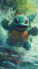 Energetic turtle creature bursts through turbulent, stylized water