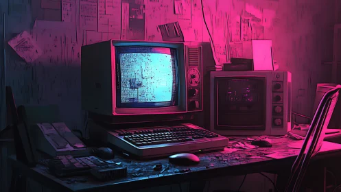 Retro workstation glows under neon magenta cyberpunk lighting
