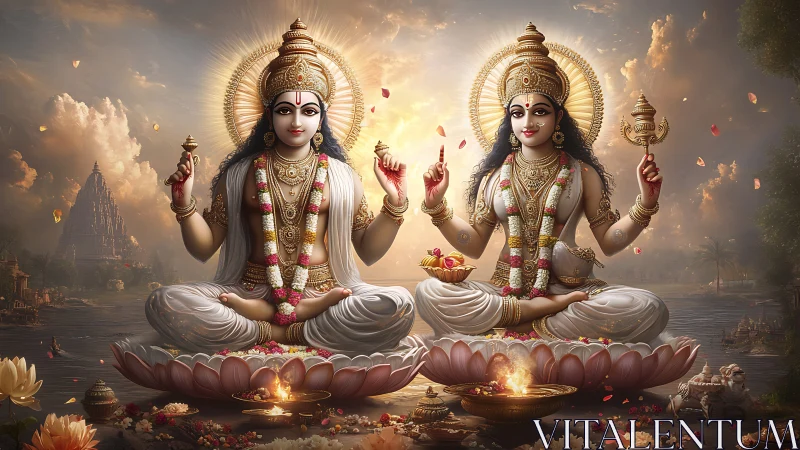 Divine twin goddesses on lotus thrones in luminous river dusk.