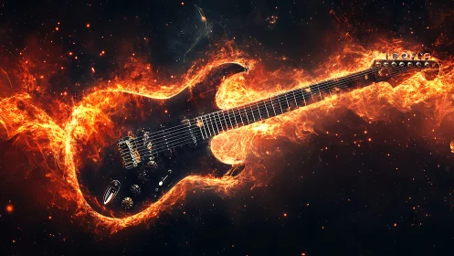 Electric guitar suspended in dynamic flame energy field
