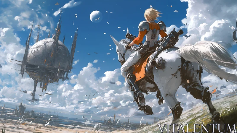 Mounted figure observing spherical flying fortress under clouds.