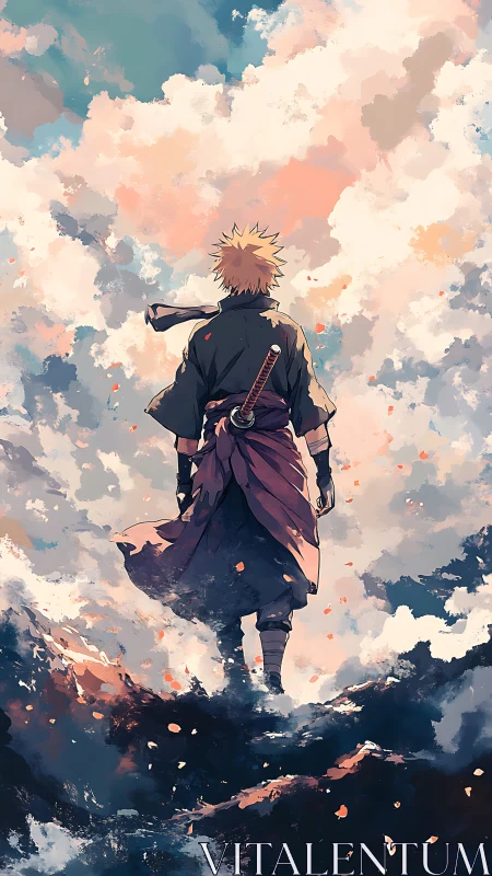 Samurai silhouette against turbulent pastel cloudscape sky