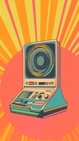 Retro instant camera against radiant starburst background