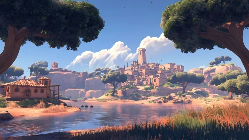 Sunlit cliffside village dreaming above a tranquil river bend.