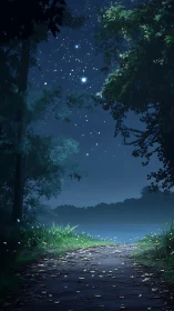 Nocturnal Forest Clearing with Stellar Canopy and Luminescent Water Body