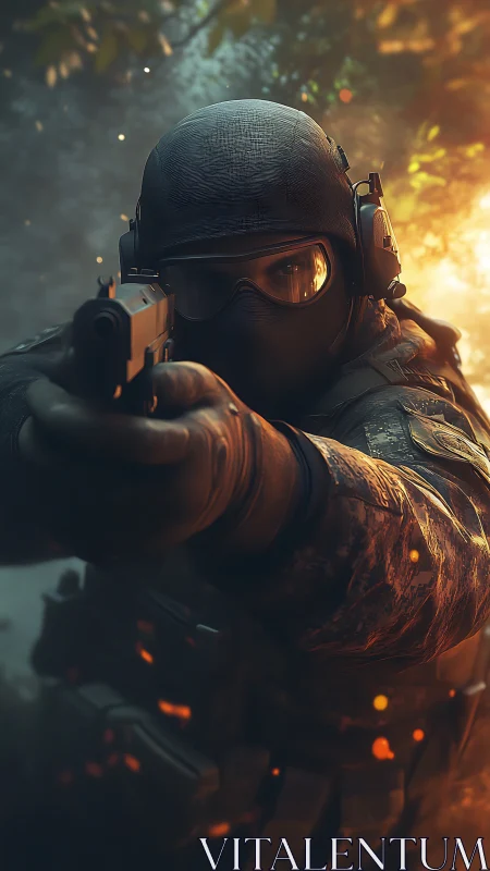 Tactical operator aims pistol amid backlit embers and depth blur