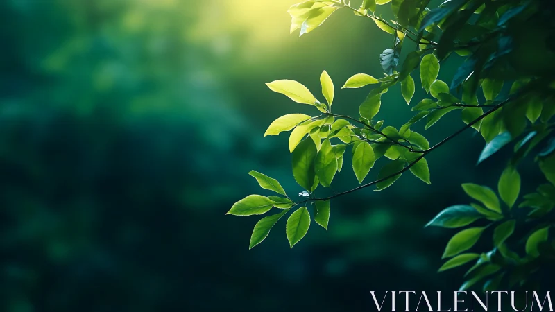 Sunlit green leaves on branch with soft bokeh background, nature style.