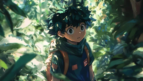 Forest-lit anime boy with backpack in lush green foliage.