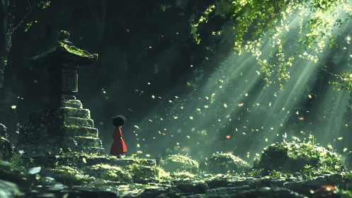 Child in red coat stands by mossy shrine under forest light