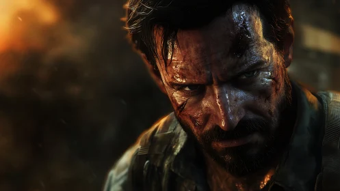 Battle-worn soldier close-up under harsh dramatic light.