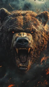 Hyperreal roaring bear head amid embers and storm smoke