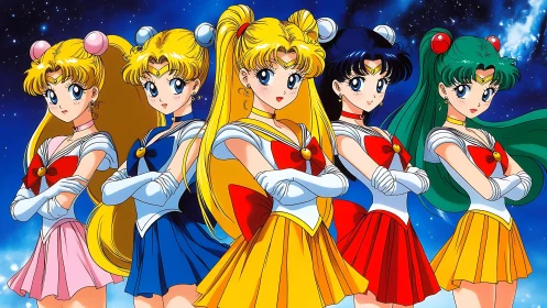 Anime magical team lineup in celestial character portrait format.