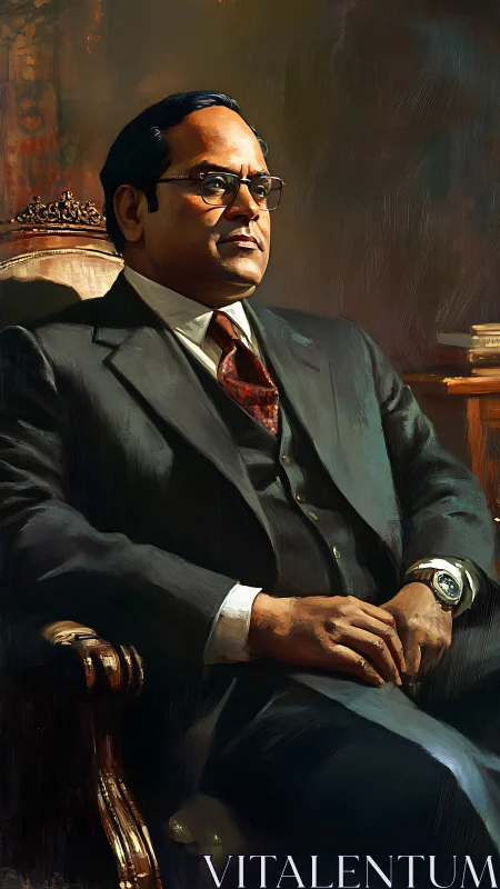 Oil portrait of dignified man in dark suit on armchair.