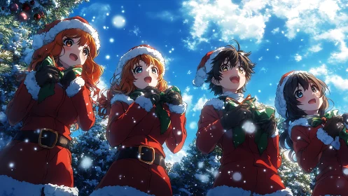 Anime Christmas carolers in coordinated winter ensemble staging.
