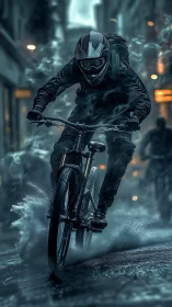 Fearless Rider Conquers Stormy Urban Streets on Bicycle