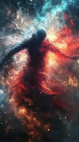 Cosmic humanoid figure merges with fire and swirling nebula