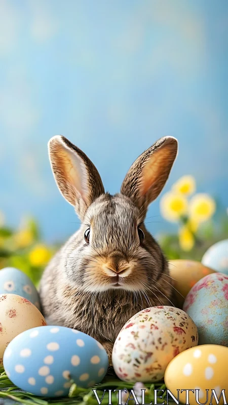 Bright-eyed spring rabbit crowned by storybook eggs.