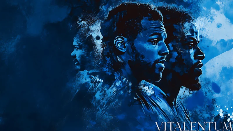 Layered blue portrait triptych explores identity in profile