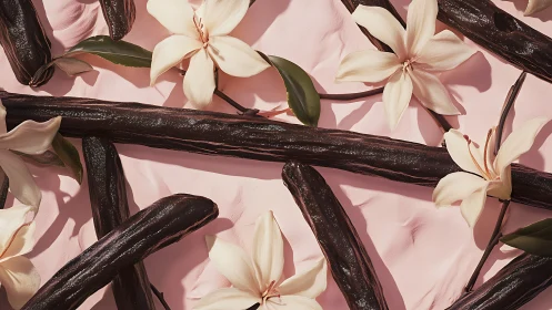 Vanilla beans and cream flowers on soft pink surface.