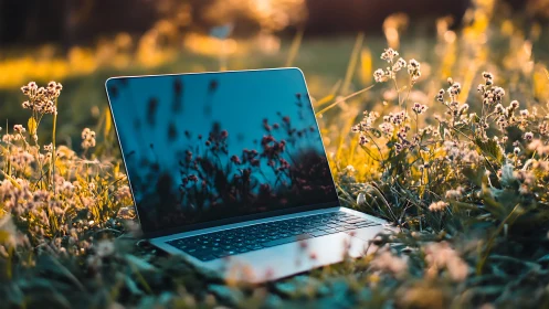 Ultrabook display reflecting floral bokeh in sunlit meadow.