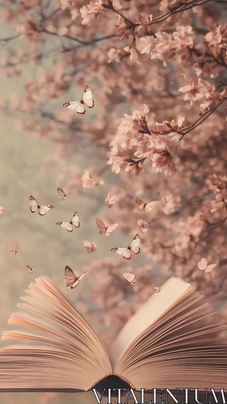Butterflies rise from an open book beneath dreamy blossoms