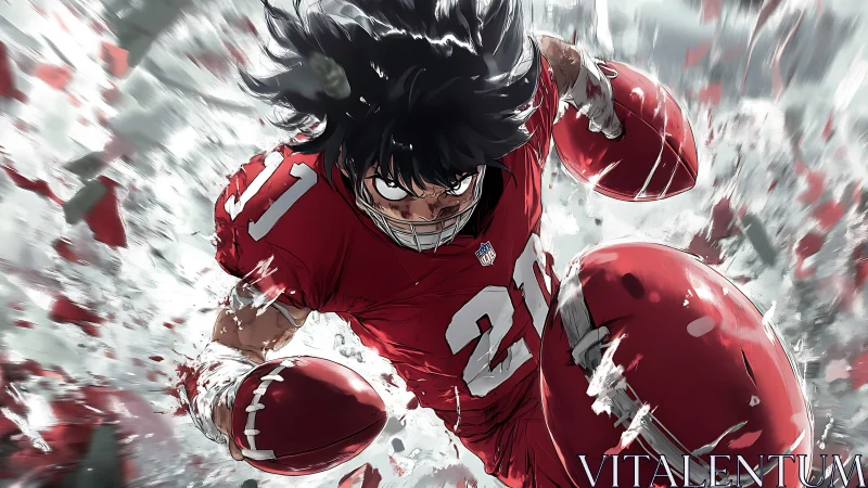 Anime football player sprints forward holding a red helmet