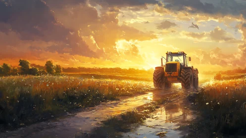 Sunlit tractor advances along reflective field track at dusk