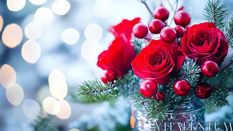 High-key macro bouquet captures red roses with winter bokeh
