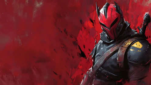 Armored red-masked warrior amid abstract crimson battlefield.