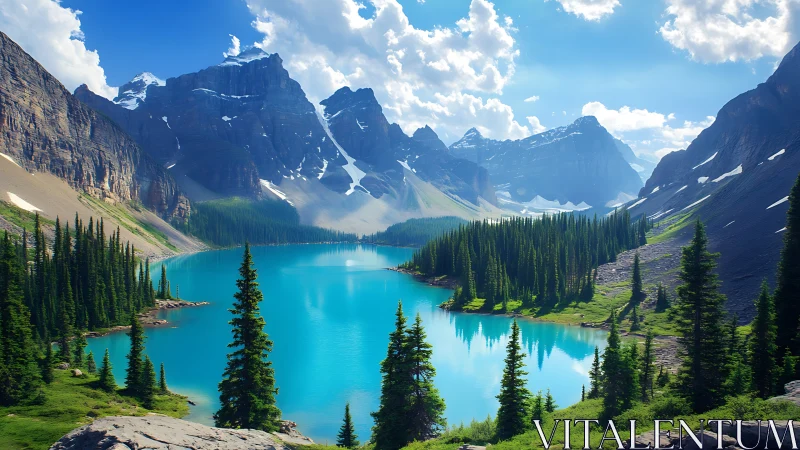 Glacially carved alpine lake with conifer ring and stratified peaks.