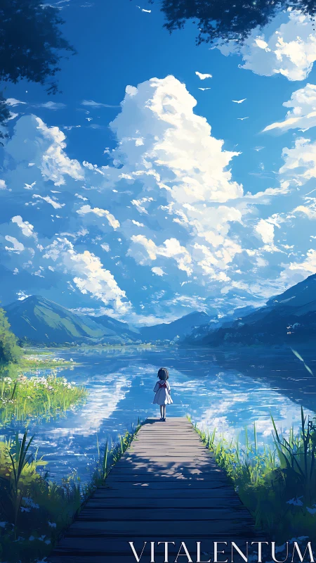 Sky-dreaming girl on a lakeside pier of luminous clouds.