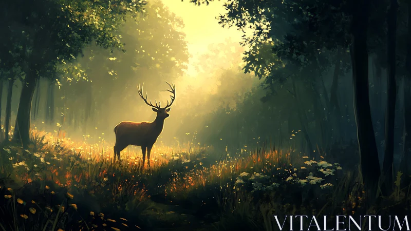 Majestic Deer in Sunlit Forest Clearing, Digital Art Style.