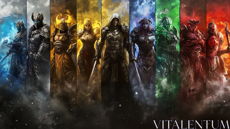 Legendary fantasy warriors aligned in a rainbow of power.