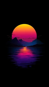 Neon gradient sun over stylized mountains and water surface.