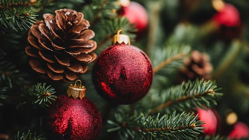 Crimson baubles and pinecones trade whispers on evergreen boughs