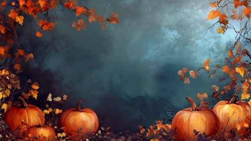 Cozy Autumn Pumpkins Framed By Gentle Golden Leaves.