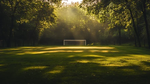 Backlit forest-edge soccer pitch with single centered goal frame