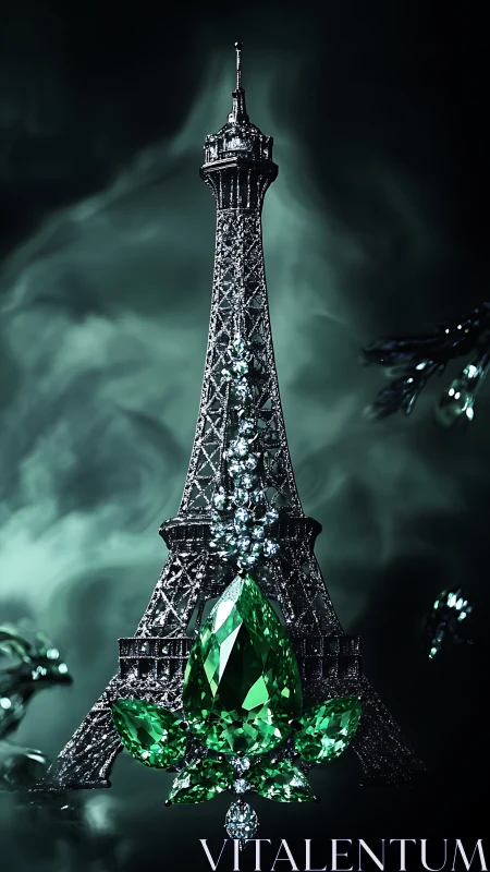 Emerald-encrusted Eiffel Tower jewel in cinematic lighting.