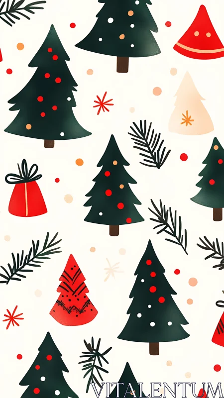 Playful Christmas trees dance across a festive pattern