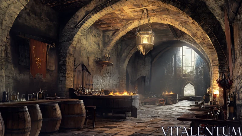 Medieval stone tavern interior with glowing hearth fire.