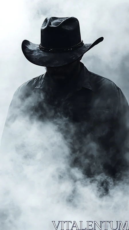 Cowboy silhouette emerges from dense cinematic smoke wall.