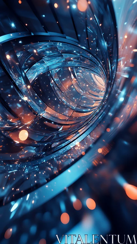 Curved metallic tunnel structure contains bokeh light particles