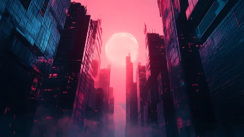 Neon lit high rise corridor under large moon at dusk.