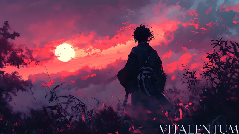 Figure in robe observing red sunset sky over foliage.