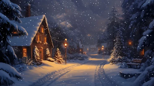 Snowy village street with cozy cottage and warm lights.