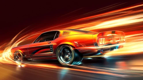 Digital muscle car in neon motion blur, dynamic side profile.