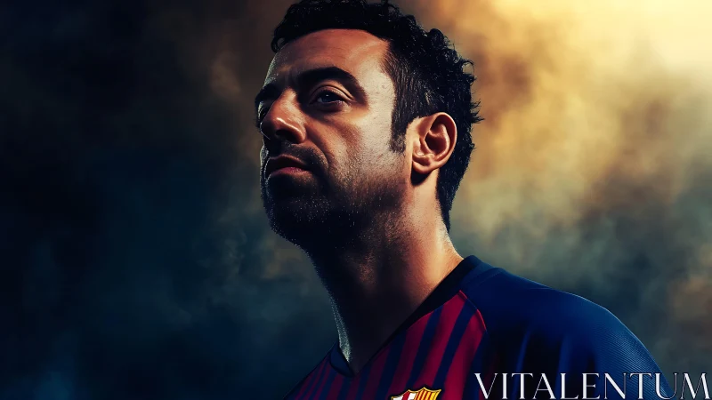 Dramatic soccer portrait under cinematic rim lighting profile.